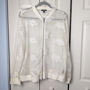 Torrid White Sheer Embroidered Bomber Jacket